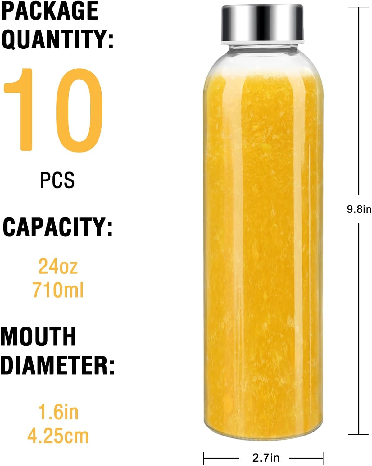 24 oz Glass Water Bottles with Lids, Juice Bottles, 10-Pack – size reference