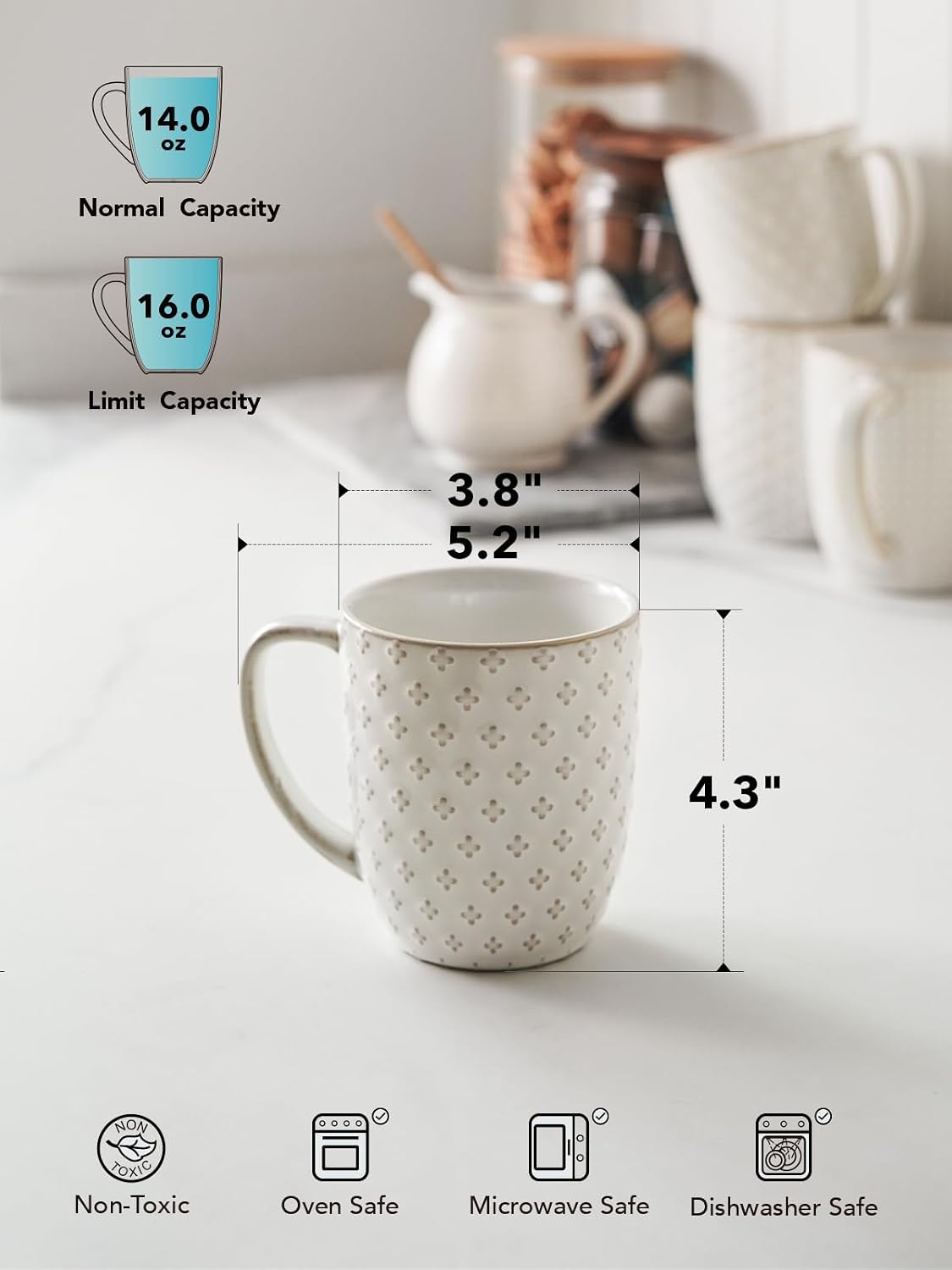 Ceramic Coffee Mugs Set of 4, 16 oz, Embossed, Arctic White – alternate view