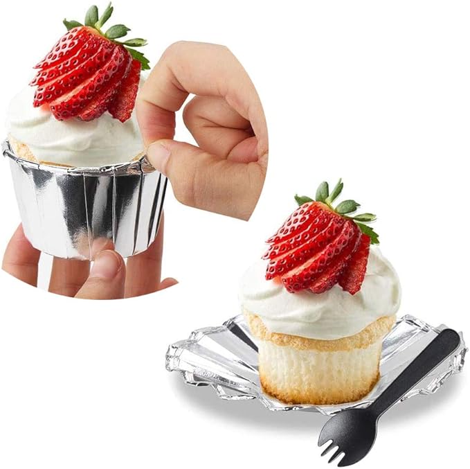 Baking Cups: 100 Mini Foil Liners with Clear Lids, Silver