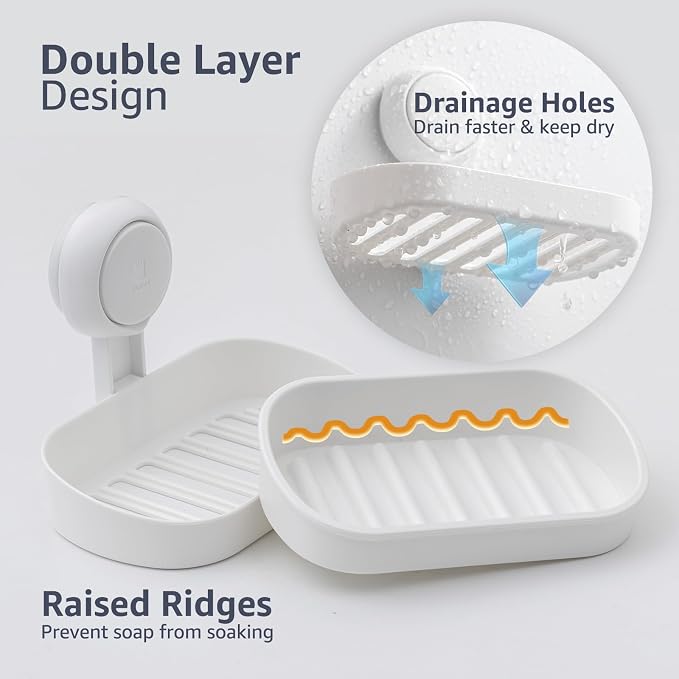 Soap Dish for Shower, White Plastic with Suction Cup, No-Drill