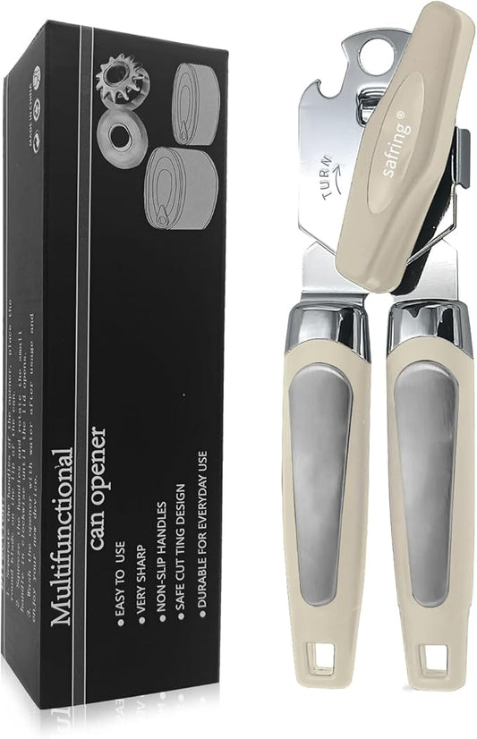 Can Opener Manual, Handheld Strong Heavy Duty Stainless Steel Can Opener, Comfortable Handle, Sharp Blade Smooth Edge, Can Openers with Multifunctional Bottle Opener, Beige