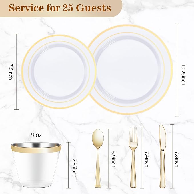 Plates Set, Disposable Plastic, Gold, 150 Pieces for 25 Guests