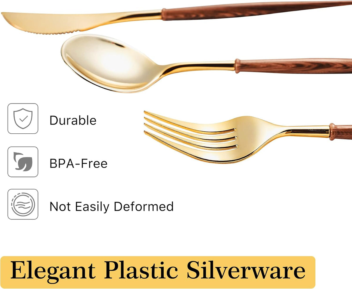 120PCS High End Gold Plastic Silverware with Wood Grain Handle – close-up