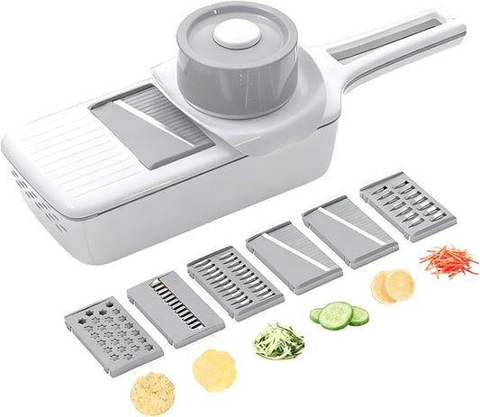 Multifunctional Handheld Mandoline Slicer for Kitchen with Drain Box – 6 Interchangeable Blades, Safety Guard, Vegetable/Cucumber Slicer for Salad Meal Prep, Easy to Clean, Compact Storage