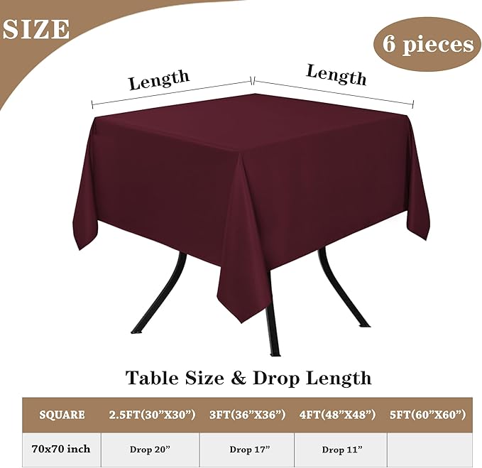 Tablecloths 6 Pack, Burgundy Square Polyester, 70 x 70 Inch