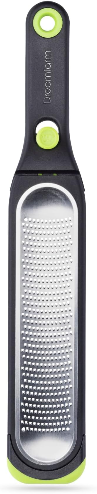 Dreamfarm Ozest Self-Cleaning POP-Button Zester for Fine, Fluffy Citrus Zest, Cheese, Nut, & Spices with Non-Slip Silicone Foot - 1mm Zester, Black/Green
