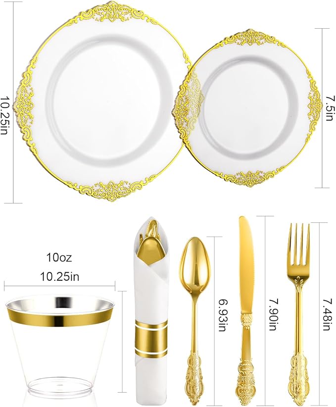 Disposable Plates Set, 350 Pieces, Clear Gold Trim for 50 Guests