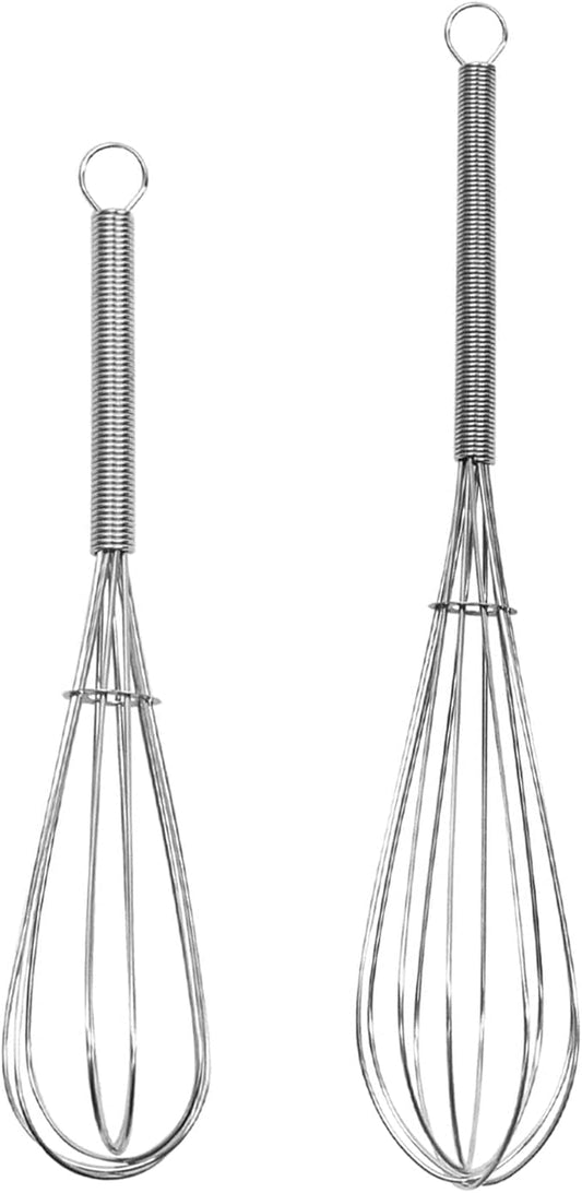 Mini Wire Whisk, 2-Pack - 8 & 10 Inch Small Whisk for Cooking - Ergonomic Spiral Handle, 304 Stainless Steel - Ideal for Whisking, Beating, Blending & Mixing Sauces - Silver