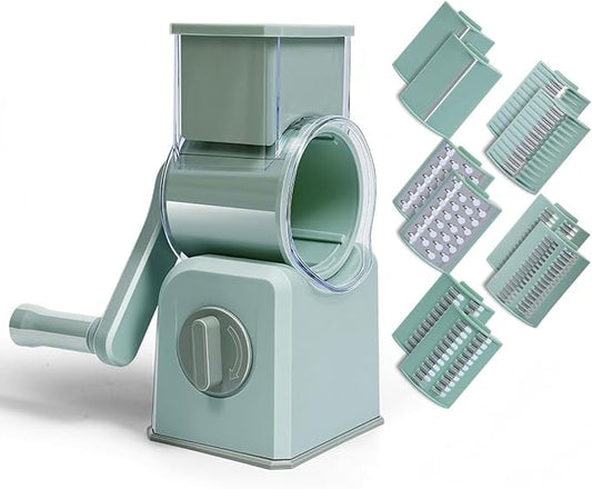 Rotary Cheese Grater with Hand Crank, Multi-Purpose Shredder Slicer with 5 Interchangeable Stainless Steel Blades for Shredding, Slicing, and Grating Cheese, Vegetables, and Fruit (Green)