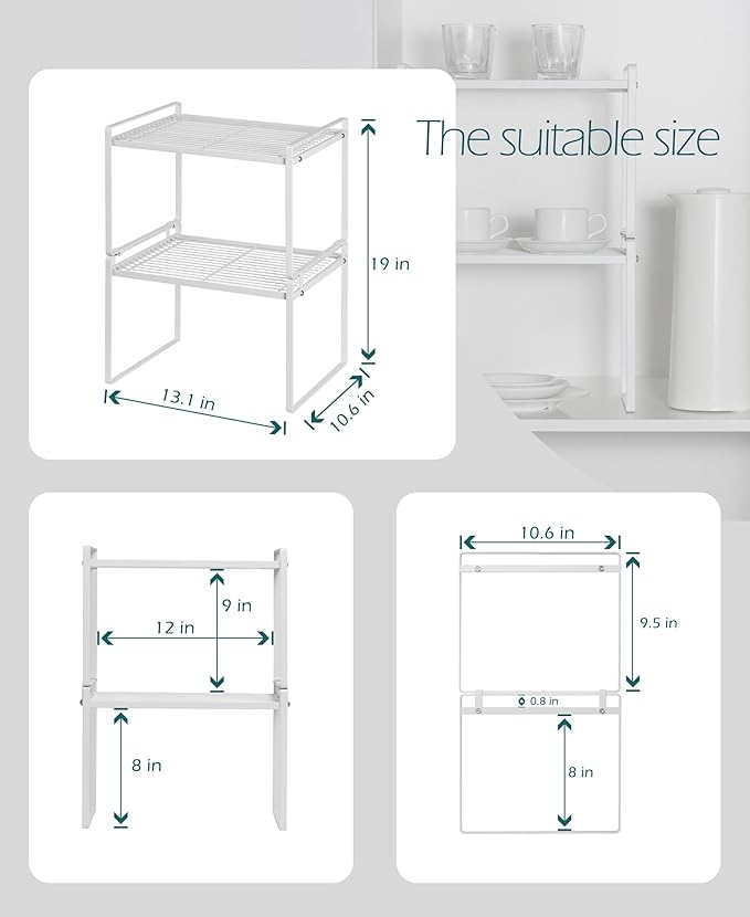 Stackable Kitchen Cabinet Shelf Organizer, 2-Tier White Metal Counter Rack