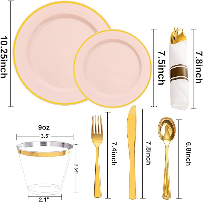 Plastic Plates Set, Pink and Gold Rim, 350 Pieces for 50 Guests