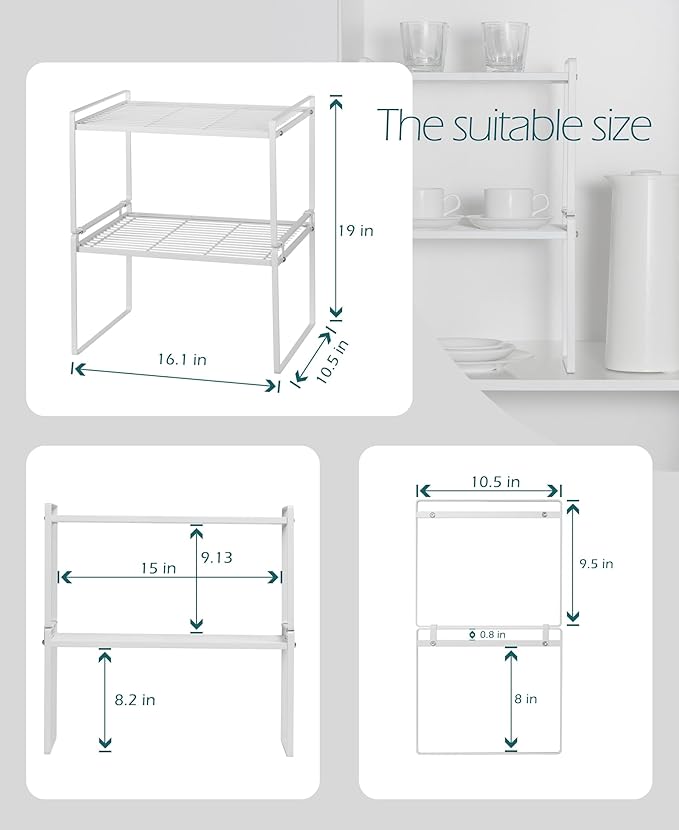 Kitchen Cabinet Shelf Organizer 2-Pack, Stackable, White, 40 lb Capacity