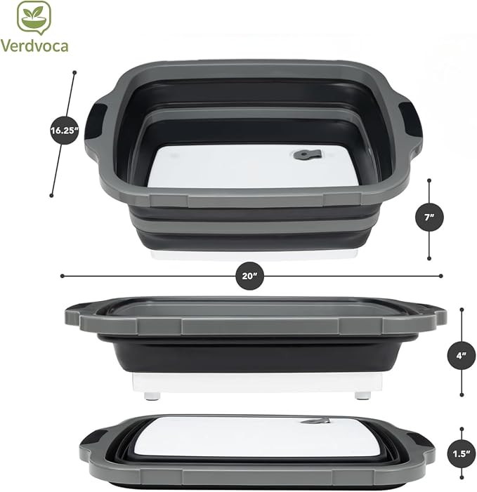 Cutting Board Collapsible Prep Tub, 16L Black with Locking Lids