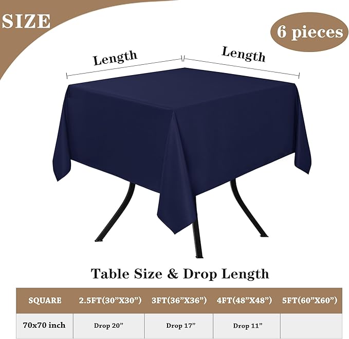 Tablecloths, Square Navy Polyester, 70 x 70 Inch, 6 Pack