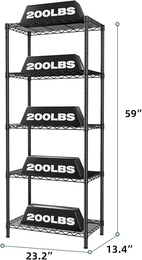 Standing Shelf Unit, 5-Tier Black Metal Adjustable Storage Rack