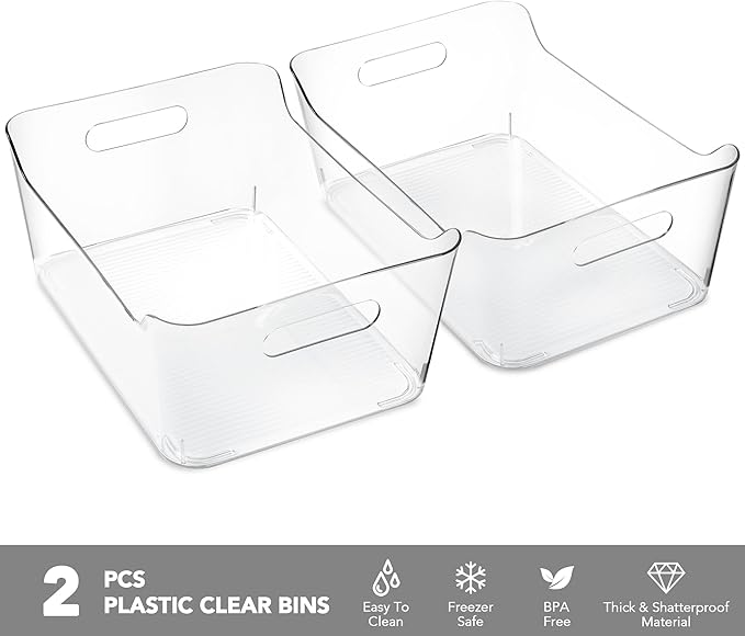 Kitchen Storage Bins Set of 2, Clear Plastic, 13.5 x 10 Inch
