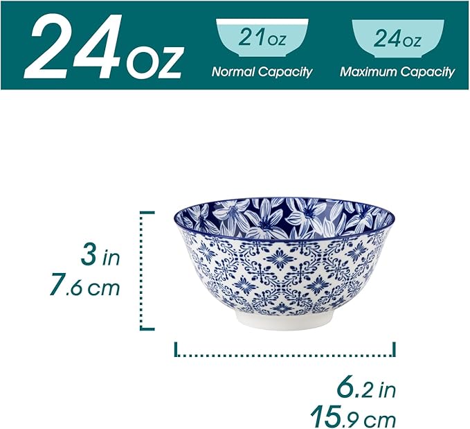 Porcelain Cereal Bowls Set of 6, 24 oz Blue Floral Design