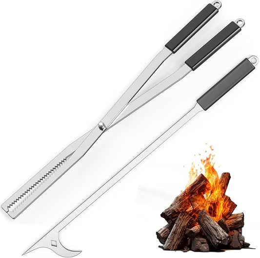 Heavy Duty Fire Tongs Firewood Grabber Tool with Scissor Shape Serrated, Bonfire, Campfire Fire Pit Log Claw Tongs (Silver)