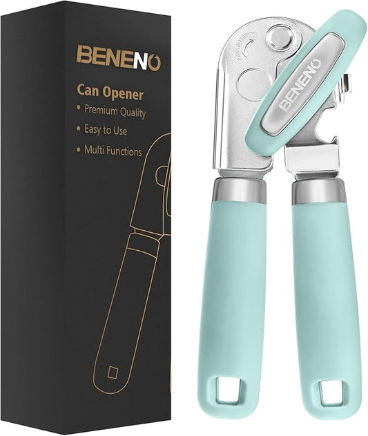 Beneno Heavy Duty Hand Can Opener Manual with Magnet, Durable Sharp Carbon Steel Blade Smooth Cutting, Big Effort-Saving Knob & Soft Grip Handle, Multifunctional Kitchen Tool with Bottle Opener, Mint