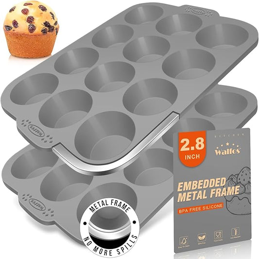Walfos Silicone Muffin Pan with Metal Frame, 2.8 Inch Regular Size Silicone Cupcake Pan Muffin Tin, Non-Stick 12 Cups Egg Bites Molds for Baking 2 Pack, BPA Free, Dishwasher Safe
