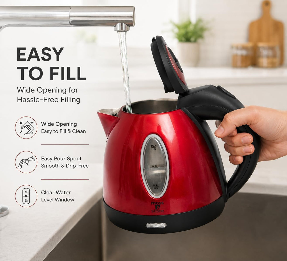Red Stainless Steel Electric Kettle, 1.2L Cordless 1500W – detail