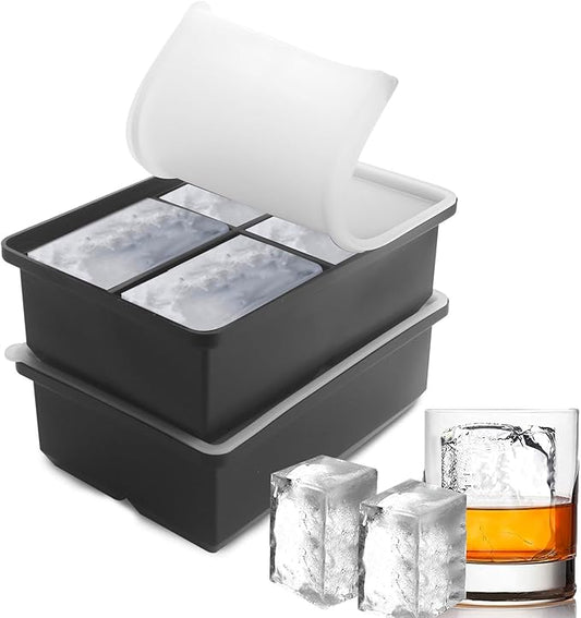 Large Ice Cube Trays for Whiskey: BECOKIT Big Silicone Ice Cube Trays - 3 * 2Inch Square Ice Cubed Tray for Bourbon Whisky and Cocktail - 2Pack Giant Silicon Ice Cube Tray (Black 2 Tray)