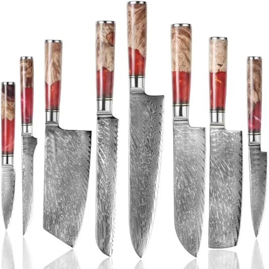 Epicurean Cook Tidal Collection 8 PCS Damascus Knife Set: Japanese Kitchen Knives in an Elegant Box with Red Resin and Burl Wood handles with VG10 Steel Core Ultra-Sharp Professional Chef Knife Set!