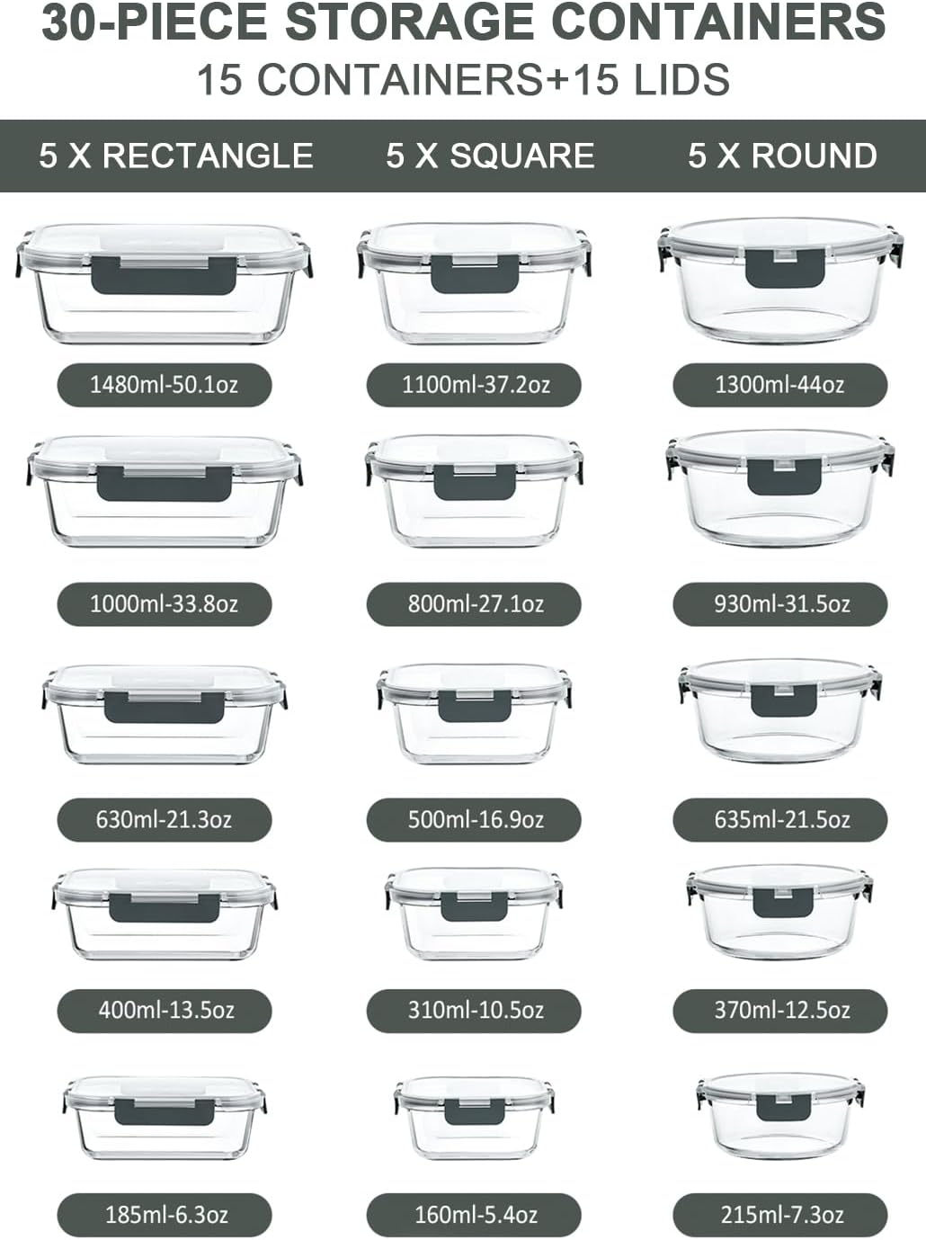 30 Piece Extra Large Glass Food Storage Containers with Lids,Gray – close-up