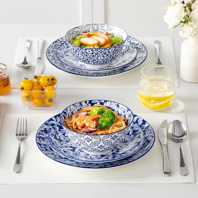 Porcelain Cereal Bowls Set of 6, 24 oz Blue Floral Design