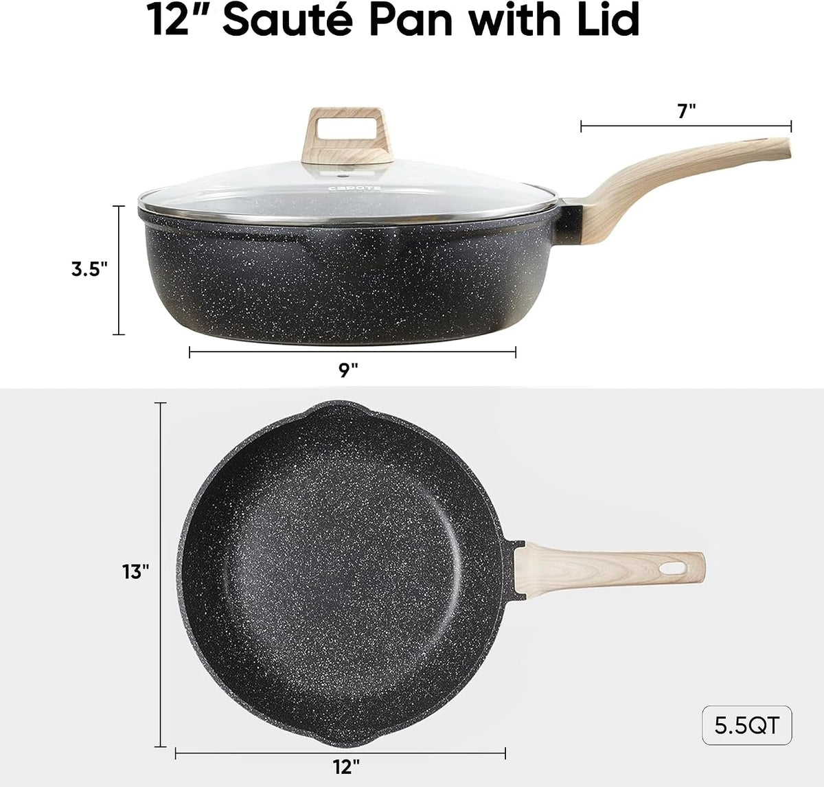 12 Inch Nonstick Deep Frying Pan with Lid, 5.5 Qt Black Granite – detail