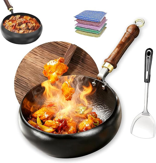 Jinswhdre Cast Iron Skillet, 9.5/11in Jinswhdre Japanese Irons Pan, Hand Forged Uncoated Iron Pan with Lid Spatula, Non-stick Wok for Cooker Gas Stir Fry Pans Durable and Rust-Free (Wooden Lid,9.45in)