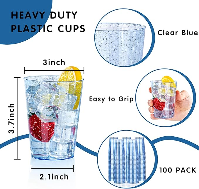 Cups: 100 Count Blue Glitter Disposable Plastic, 10 oz Capacity
