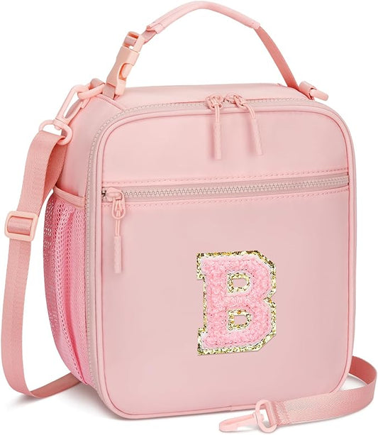 Initial Insulated Lunch Bag for Girls Kids, Back to School Gift, Reusable Leak-proof Lunch Box with Adjustable Strap for School Daycare Travel Picnic (Pink,B)