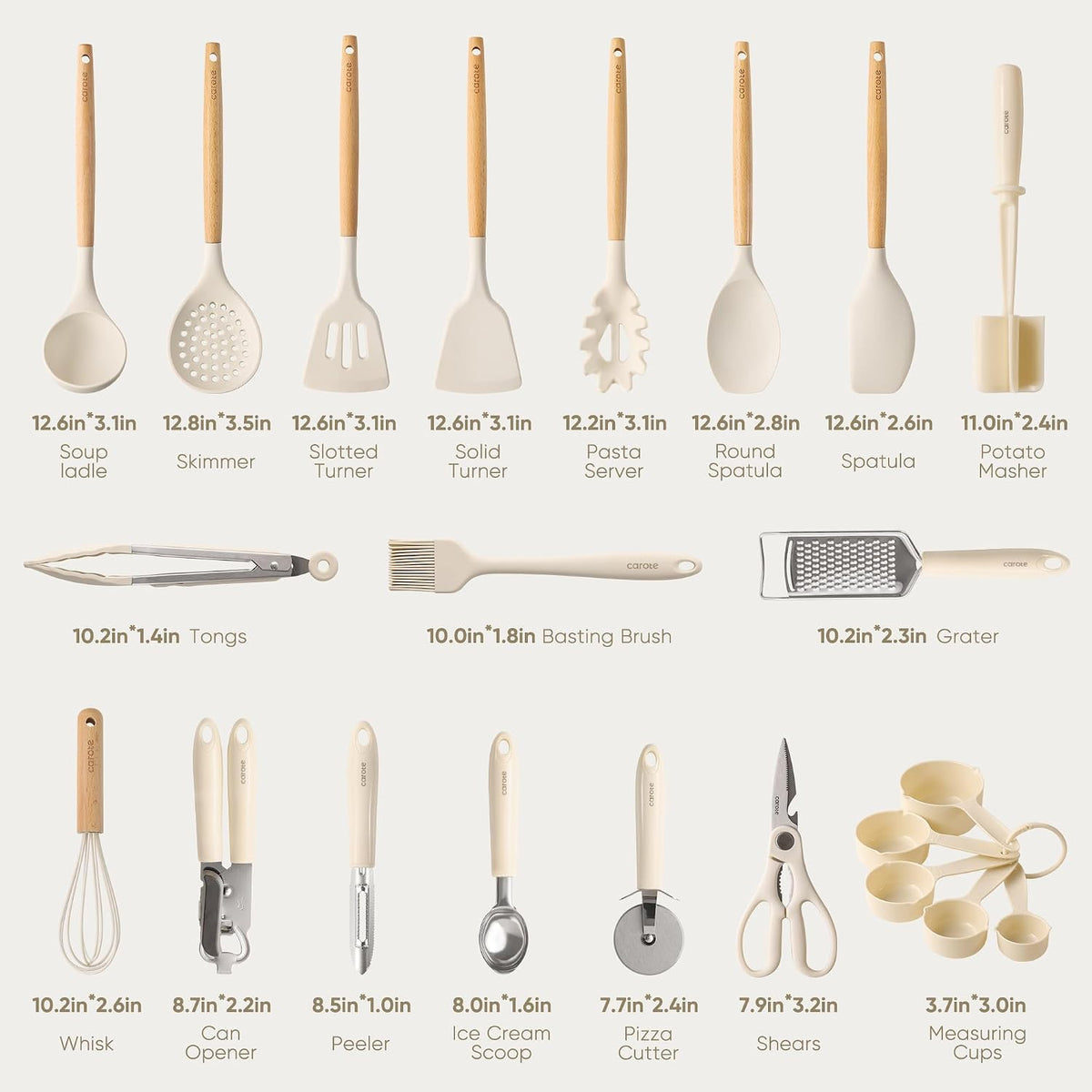 22-Piece Cooking Utensils Set with Wood Cool-Touch Handles, Cream – detail