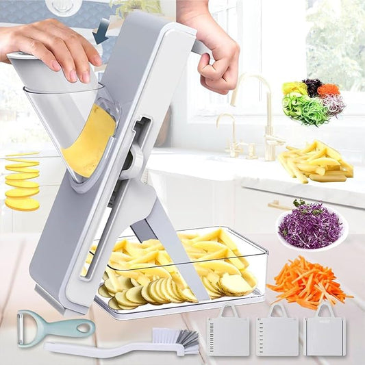 Mandoline Slicer Adjustable – Safe Vegetable Chopper & Potato Slicer with Container – Multifunctional Food Cutter Dicer for Salad & Fries – Kitchen Tool Gift Set (Grey)