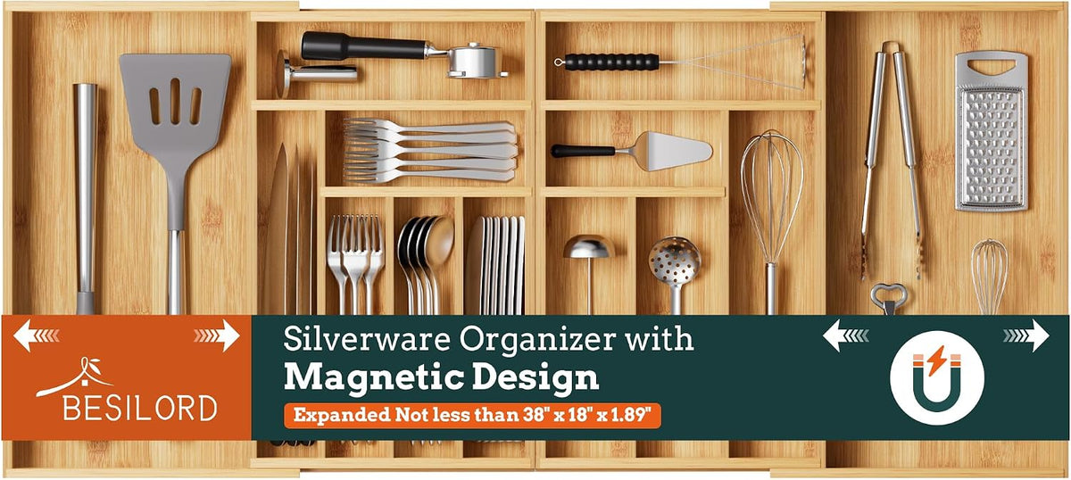 Silverware Organizer Large, Magnetic Connected Expandable 13 Slots Silverware
