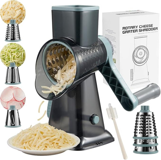 Rotary Cheese Grater hand crank, 3 Blades Cheese shredder with Stronger Suction Base | Stainless Steel Blades for Fruits, Vegetables, Nuts. Easy to Clean, Transparent Black & Blue