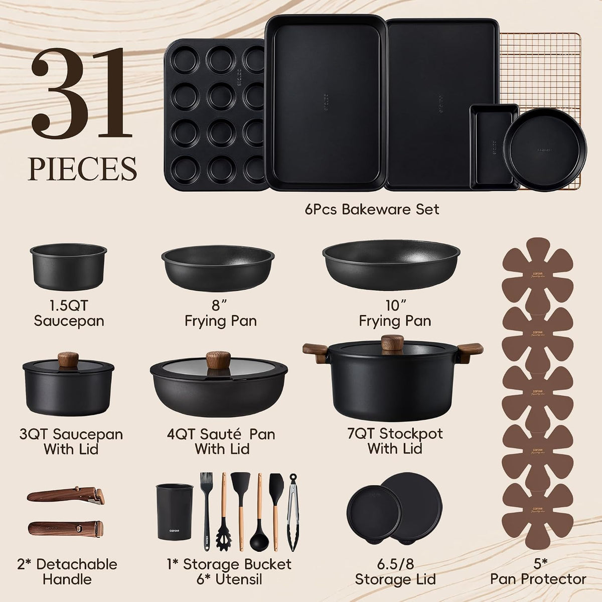 31pcs Pots and Pans Set Non Stick, Detachable Handle Cookware Set – detail