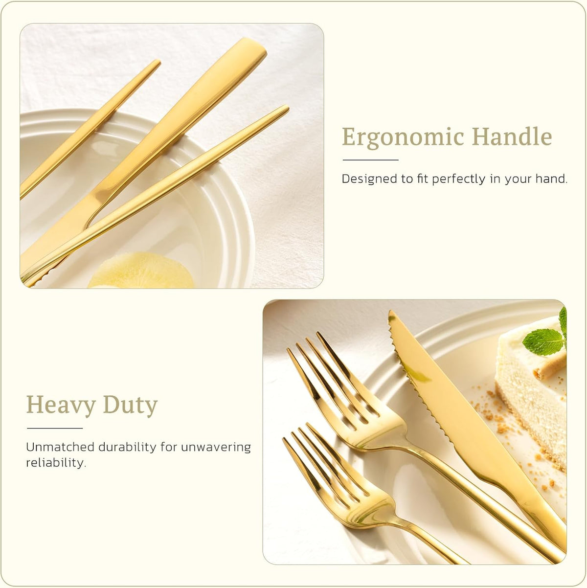 Silverware Set 48-Piece Gold Flatware Set with Steak Knives Food-Grade – features