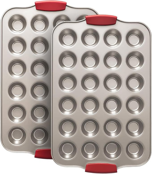 Mini Muffin Pan, 24 Tin Cupcake Pan, Nonstick Small Muffin Tray with Silicone Grip Handles, Durable Mini Cheesecake Cup Cake Pans for Baking, 2-PACK,Gold