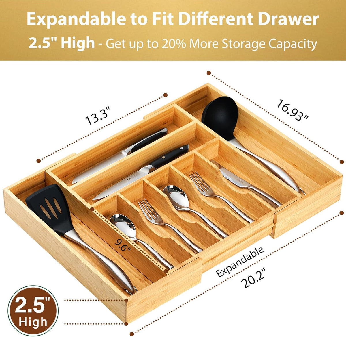 Large Expandable Kitchen Silverware Utensils Drawer Organizer, 2.5" Extra High – detail