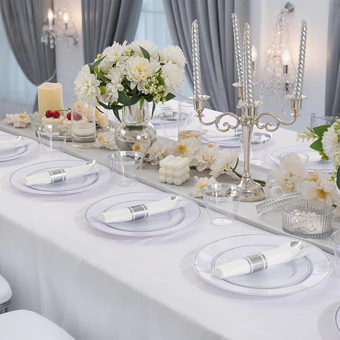 Plastic Plates Set, 175 Pieces, Silver Rim, Serves 25 Guests