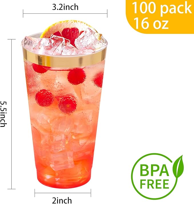 Cups, 16 oz Clear Plastic with Gold Rim, 100 Count