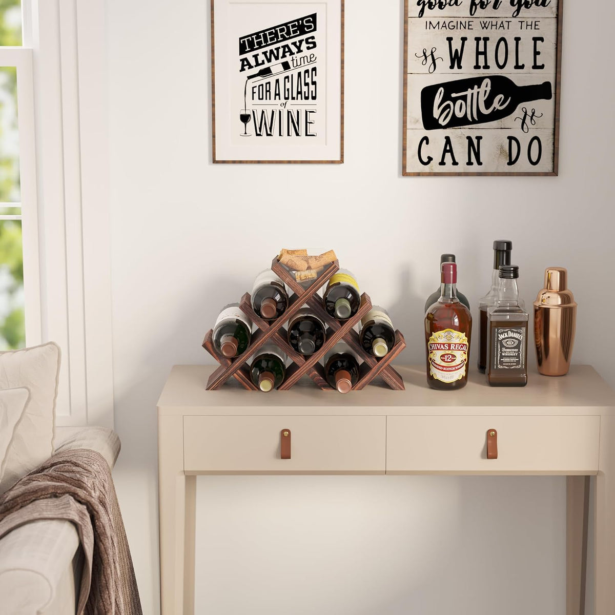 Alella Countertop Wood Wine Rack for 8 Bottles Holder and Cork Storage Tabletop – close-up