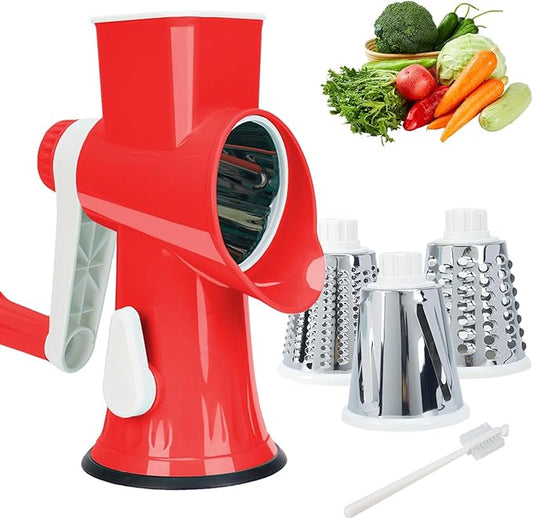 Rotary Cheese Grater with Handle-Versatile Cheese Grater Non-Slip Suction Base,Cheese Shredder & Food Slicer for Cheese,Carrots, Cucumbers,Nuts-Compact & Easy Clean Kitchen Kitchen Tool (red)