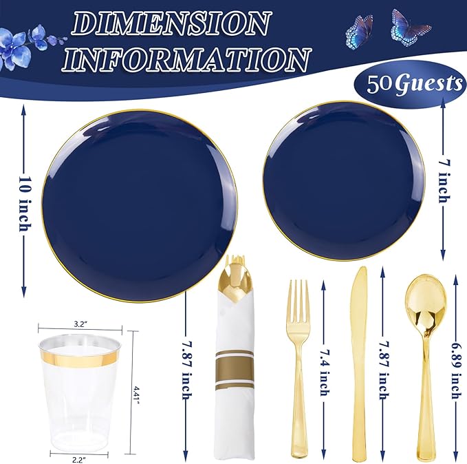 Plates Set, Navy Blue Heavy Duty Plastic with Gold Trim, 350 Pieces