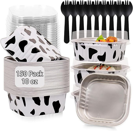 FORBFAN 150 Pcs Mini Square Baking Cups with Lids, 10 oz Mini Aluminum Cake Pans with Spoons, Small Baking Tins Cow Print