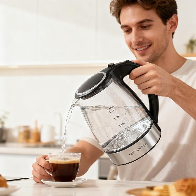 MegaWise Electric Kettle, 1.8L Borosilicate Glass Tea Kettle with LED Light, Auto Shut-Off and Boil-Dry Protection Cordless Kettle Fast Boiling