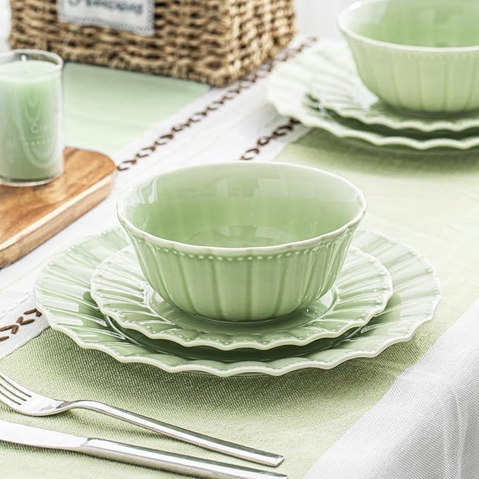 Ceramic Soup Serving Bowls for Kitchen, 6.4 Inch, Set of 4, Cereal Bowl Porcelain, Oven & Microwave Safe, Green