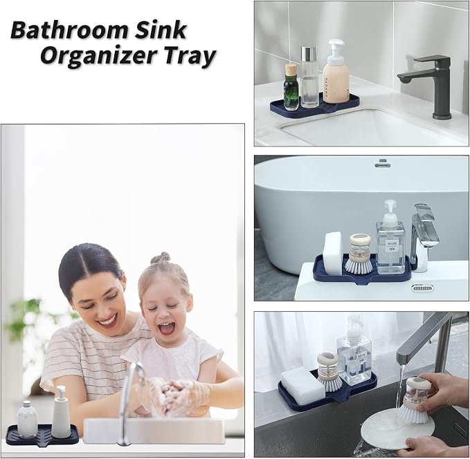 Soap Dish with Drain Spout, Navy Blue Silicone Sink Tray, 9.6 x 5.3 in